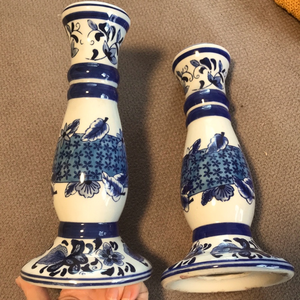 China blue tall candle holders